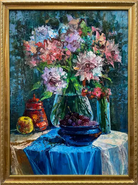 Букет на синей скатерти, 50 x 70 см